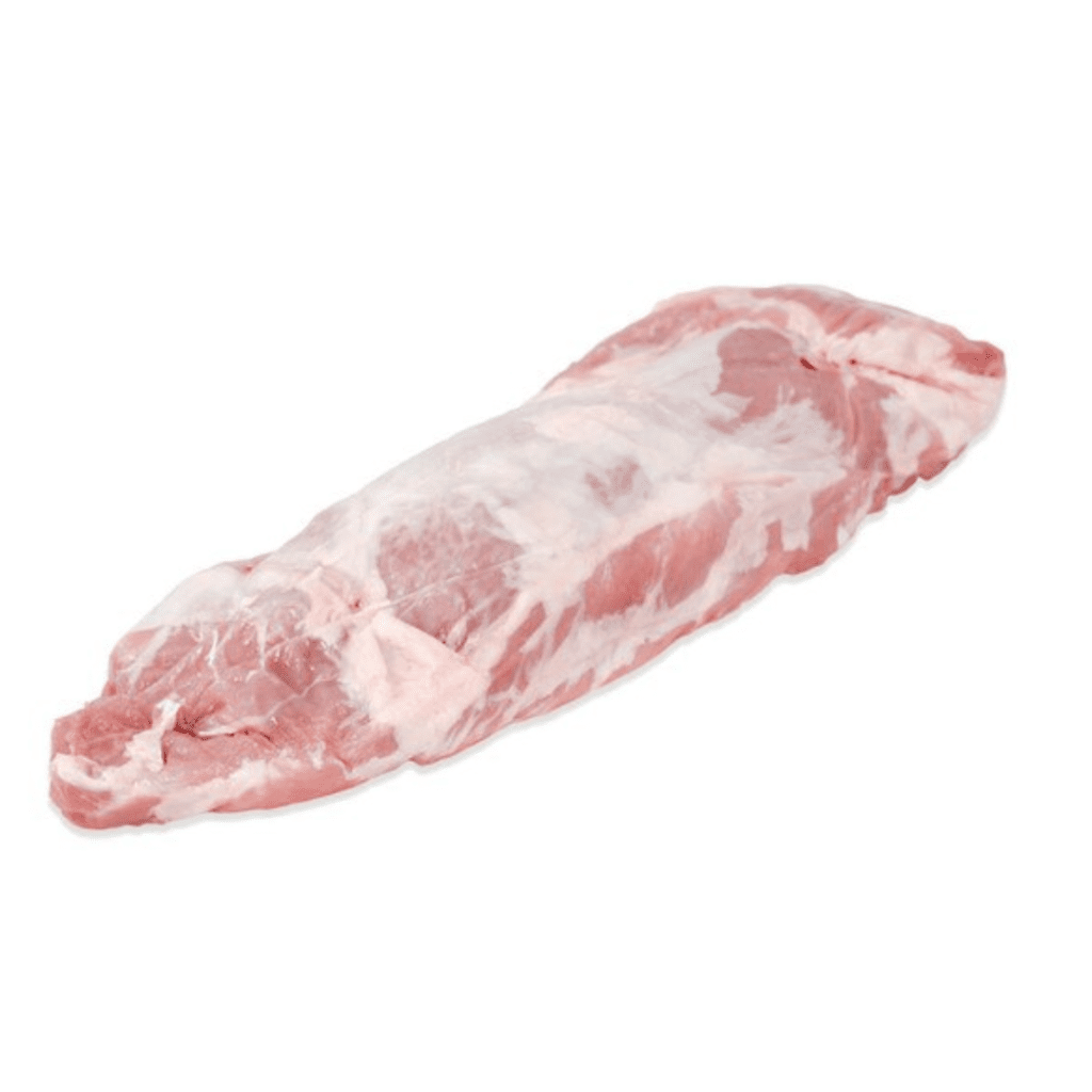 A raw, unprocessed cut of pork tenderloin is placed on a plain white background. The meat displays a mix of red and white marbling with some external fat and connective tissue visible.