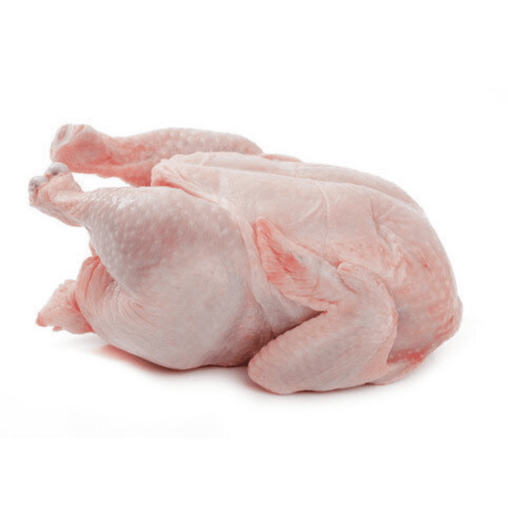 A raw, whole chicken is placed on a white background. The chicken is uncut and includes the wings, legs, and skin.